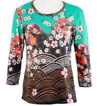 Load image into Gallery viewer, Japanese Art Works - Asian Flowers, Hand Silk Screened 3/4 Sleeve Artistic Ladies Top