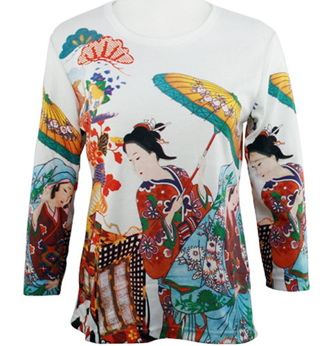 Japanese Art Works - Geisha in Cart, Scoop Neck, Silk Screened 3/4 Sleeve Artistic Top