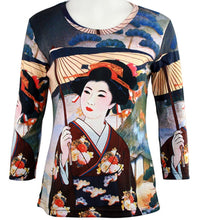 Load image into Gallery viewer, Japanese Art - Japanese Geisha, Scoop Neck, Hand Silk Screened 3/4 Sleeve Art Top