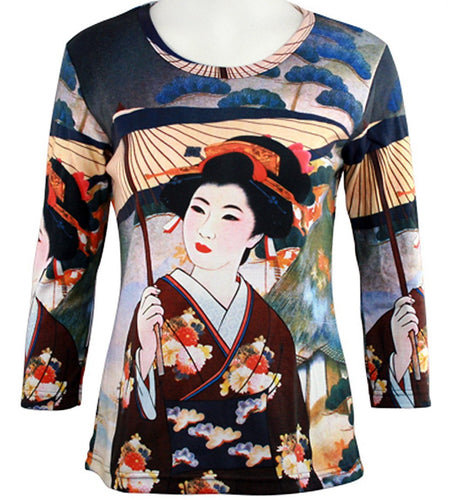 Japanese Art - Japanese Geisha, Scoop Neck, Hand Silk Screened 3/4 Sleeve Art Top