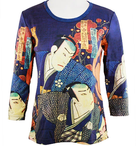 Japanese Art - Samurai's, Scoop Neck, Hand Silk Screened 3/4 Sleeve Artistic Top