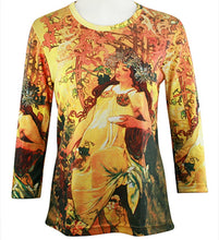 Load image into Gallery viewer, Alphonse- Mucha - Autumn Maiden, Scoop Neck, 3/4 Sleeve Illustrated Art Women&#39;s Top