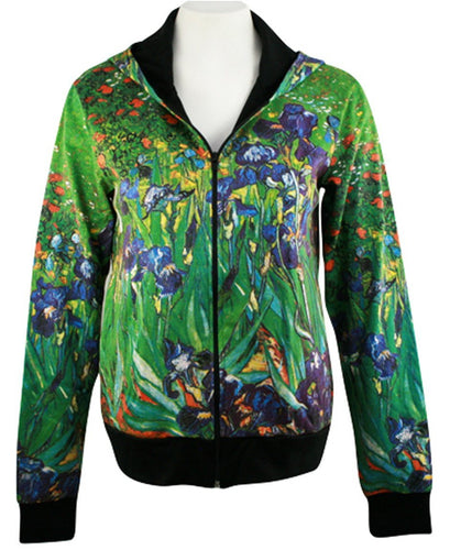 Van Gogh - Irises, Long Sleeve Zippered Hand Silk Screened Women's Artistic Hoodie