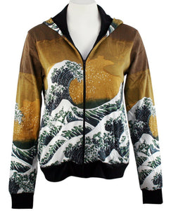 Hokusai - The Great Wave, Long Sleeve Zippered Hand Silk Screened Hoodie