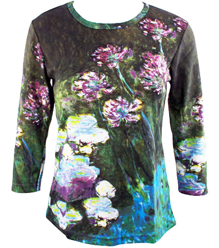 Monet - Water Lilies & Agapanthus, 3/4 Sleeve Scoop Neck Hand Silk Screened Art Top