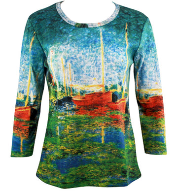 Monet - Red Boats in Argenteuil, Scoop Neck Silk Screened 3/4 Sleeve Art Theme Top