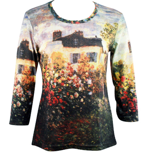 Monet - Garden in Argenteuil, Scoop Neck, Hand Silk Screened 3/4 Sleeve Artistic Top