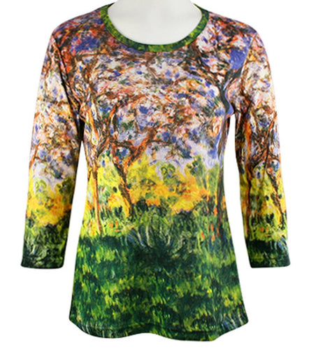 Paul Ranson - Forest, 3/4 Sleeve Scoop Neck Hand Silk Screened Art Theme Ladies Top