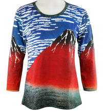 Load image into Gallery viewer, Hokusai - Mount Fuji, 3/4 Sleeve, Scoop Neck, Hand Silk Screened Artistic Ladies Top