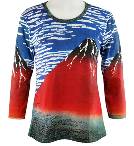 Hokusai - Mount Fuji, 3/4 Sleeve, Scoop Neck, Hand Silk Screened Artistic Ladies Top