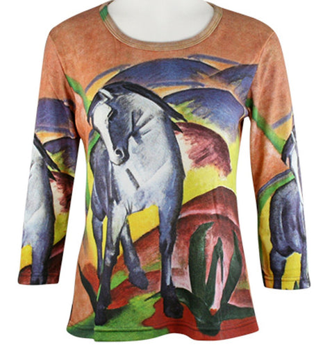 Franz Marc - Blue Horse, 3/4 Sleeve, Scoop Neck, Hand Silk Screened Artistic Top