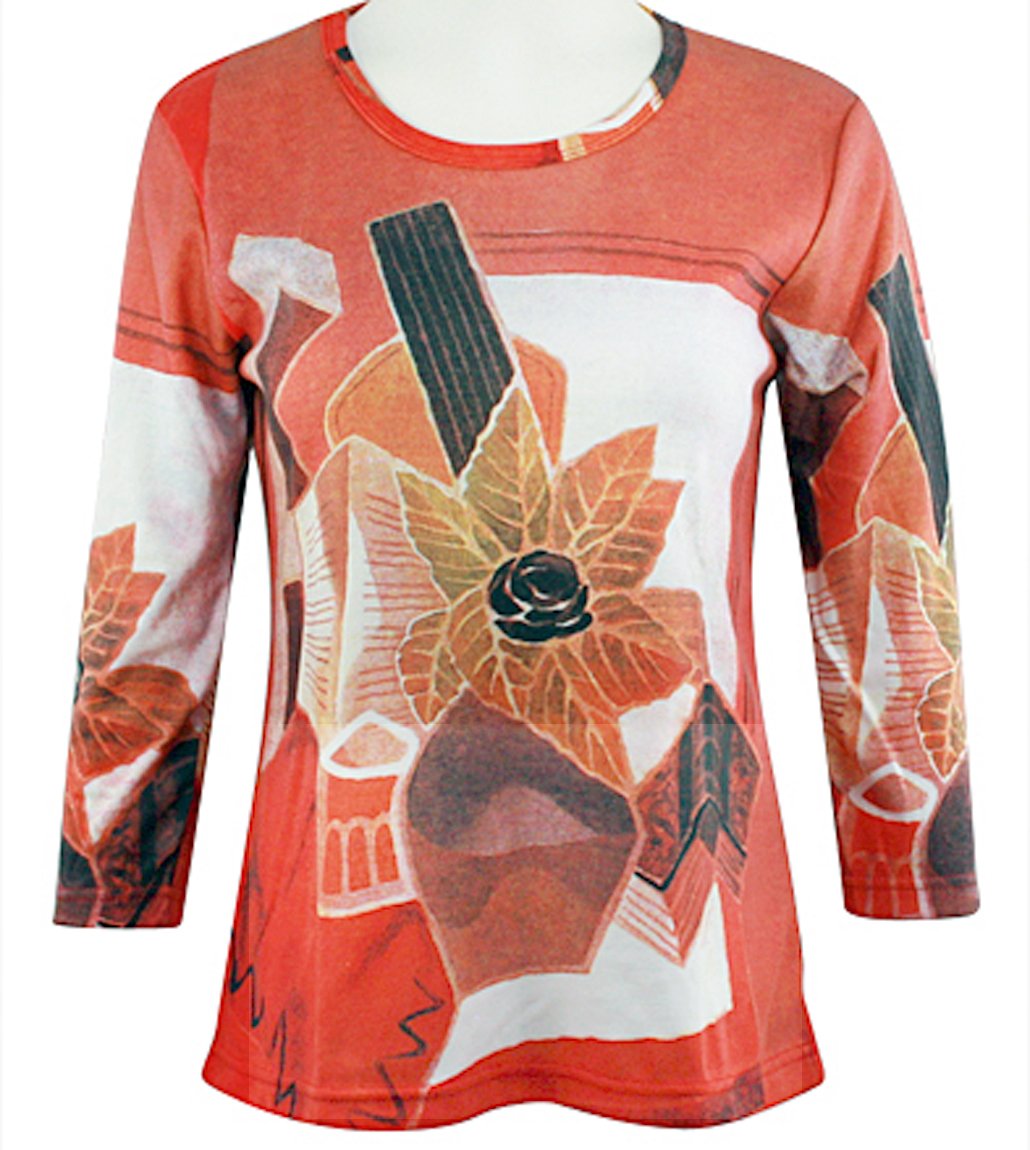 Juan Gris - Flower in Vase, Scoop Neck, Hand Silk Screened 3/4 Sleeve Ladies Art Top