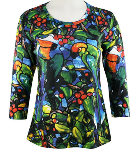 Stephanie - Parrots, 3/4 Sleeve, Scoop Neck, Hand Silk Screened Illustrated Art Top