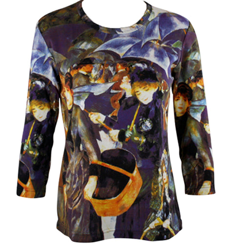 Auguste Renoir - Umbrellas, 3/4 Sleeve Scoop Neck Hand Silk Screen Illustrated Art Top