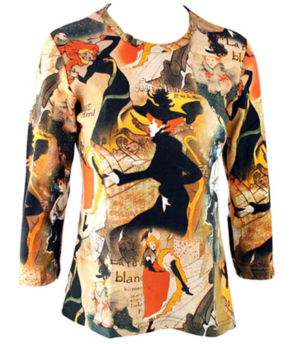 Lautrec Mixed Lautrec, 3/4 Sleeve Hand Silk Screened Illustrated Art Fashion Top