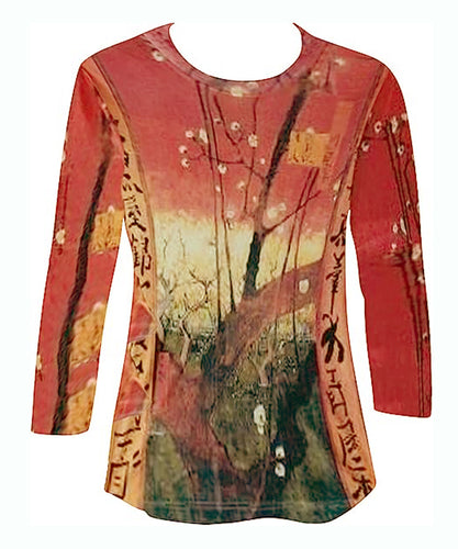 Van Gogh Japonaiserie, 3/4 Sleeve Hand Silk Screened Illustrated Art Fashion Top
