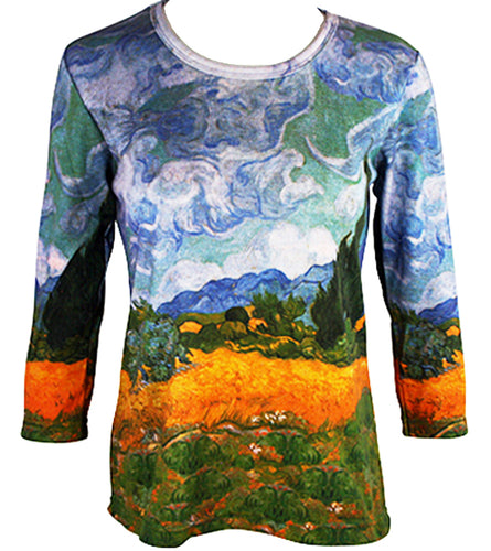 Van Gogh - Cypress Trees, 3/4 Sleeve Scoop Neck Cotton Poly Artistic Ladies Top