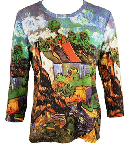 Van Gogh - Village 3/4 Sleeve Scoop Neck Silk Screen Illustrated Art Women's Top
