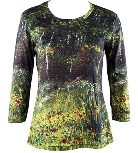 Van Gogh Park at Asnieres, 3/4 Sleeve, Scoop Neck, Hand Silk Screened Artistic Top
