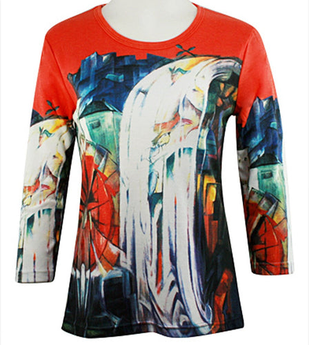 Franz Marc - Waterfall, Scoop Neck, Hand Silk Screened 3/4 Sleeve Artistic Ladies Top