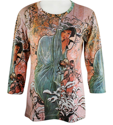 Alphonse Mucha - Winter, 3/4 Sleeve, Scoop Neck, Hand Silk Screened Art Theme Top