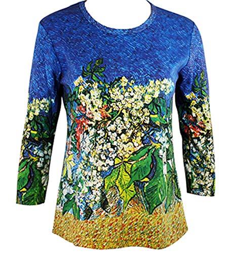 Van Gogh Chestnut Branch, Scoop Neck 3/4 Sleeve Hand Silk-Screened Ladies Art Top