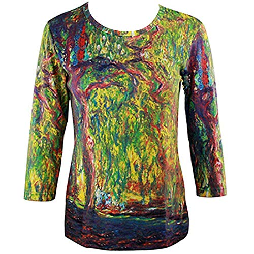 Monet - Weeping Willow, 3/4 Sleeve, Scoop Neck, Hand Silk Screened Illustrated Art Top