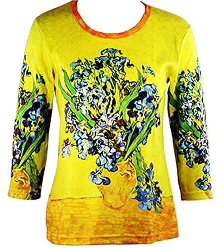 Van Gogh Vase with Irises, 3/4 Sleeve Scoop Neck Illustrated Art Fashion Top