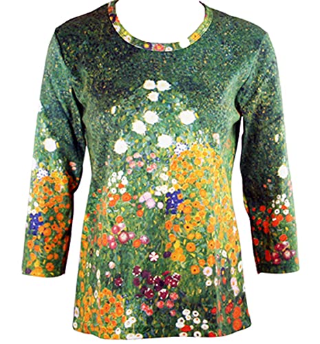 Gustav Klimt Flower Garden, 3/4 Sleeve Hand Silk Screened Illustrated Art Top