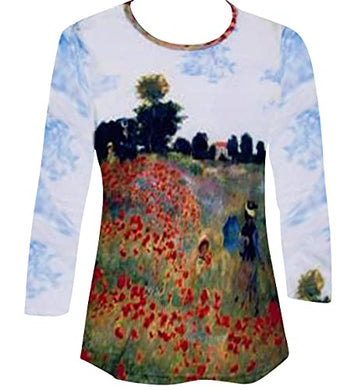 Monet Wild Poppies, 3/4 Sleeve Hand Silk Screened Illustrated Art Fashion Top